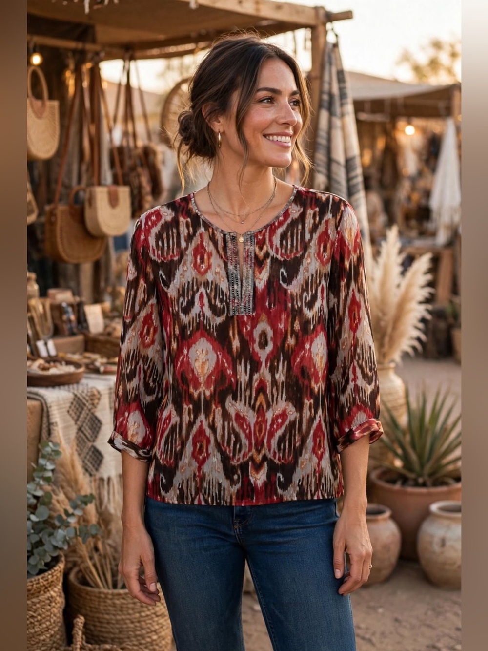 Chico's Size 2 Large Red Brown Ikat Beaded Neck Boho Tunic Top